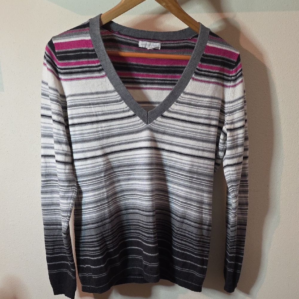 New York & Company V-Neck Sweater - Gray, Pink, White Stripes